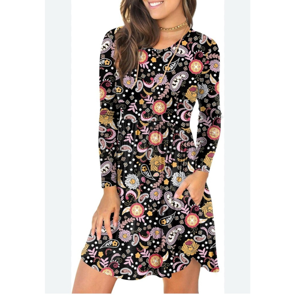 LONGYUAN Women’s Black Floral Paisley Long-Sleeve Dress Size XS NWT